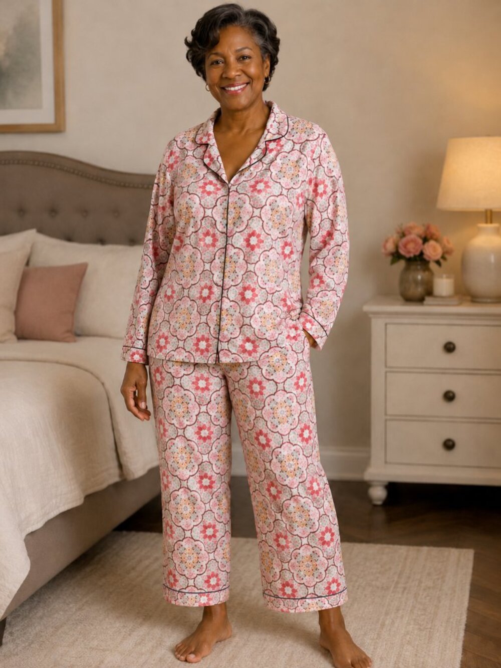 BedHead Floral Paisley Print Pajama Set Button Front Piped Lounge Sz L